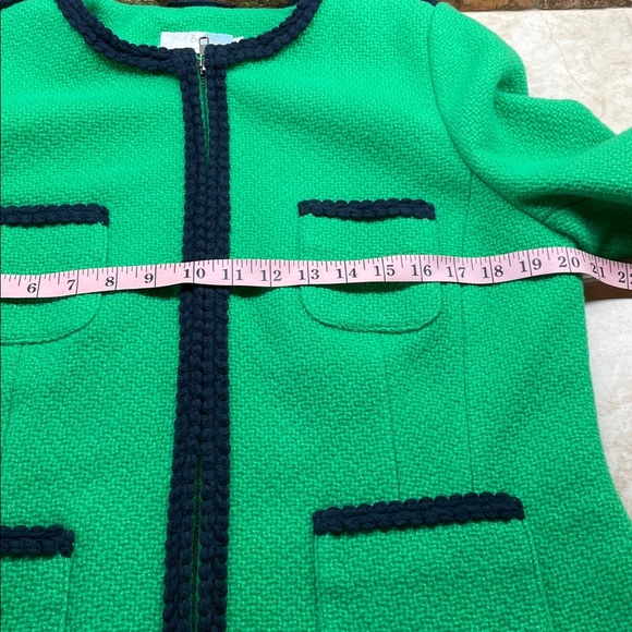 Boden Green Wool Blend Bouclé Jacket Navy Trim Pockets Zip Cuff UK14 US10 - Picture 7 of 9